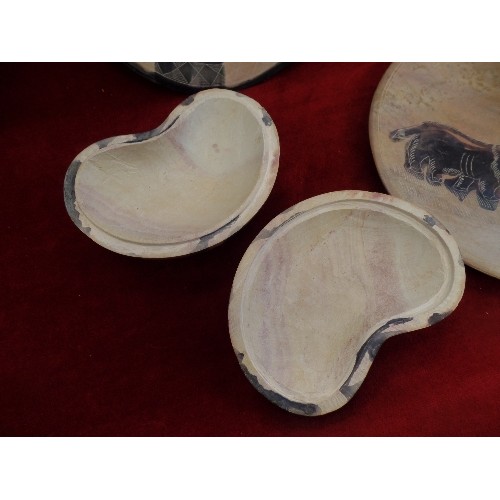 194 - AFRICAN SOAPSTONE COLLECTION. INCLUDES LIDDED DISH, 2 PLATES, AND A SOLITAIRE DISK.