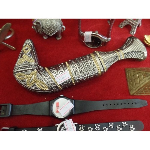 199 - SMALL COLLECTION OF BRASSWARE & SILVER-PLATE. INC A STAINLESS KNIFE IN A SHEATH, BRASS PYRAMIDS, NAP... 