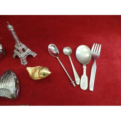 199 - SMALL COLLECTION OF BRASSWARE & SILVER-PLATE. INC A STAINLESS KNIFE IN A SHEATH, BRASS PYRAMIDS, NAP... 