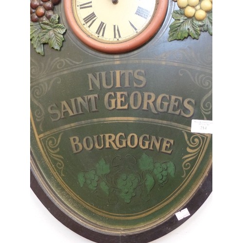 214 - VINTAGE STYLE DECORATIVE WALL CLOCK 'NUITS SAINT GEORGES- BOURGOGNE' WITH GRAPEVINE DETAIL, SMALL CL... 