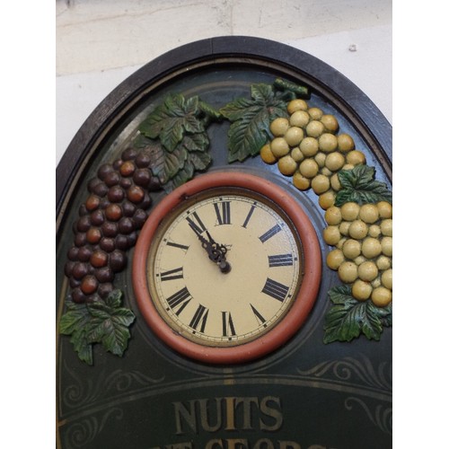 214 - VINTAGE STYLE DECORATIVE WALL CLOCK 'NUITS SAINT GEORGES- BOURGOGNE' WITH GRAPEVINE DETAIL, SMALL CL... 