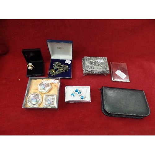 170 - JEWELLERY AND PILL-BOX COLLECTION. TRINKET BOX, AND MANICURE SET.