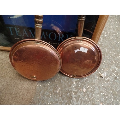 218 - 2 X VINTAGE COPPER WARMING PANS. WALL-HUNG.