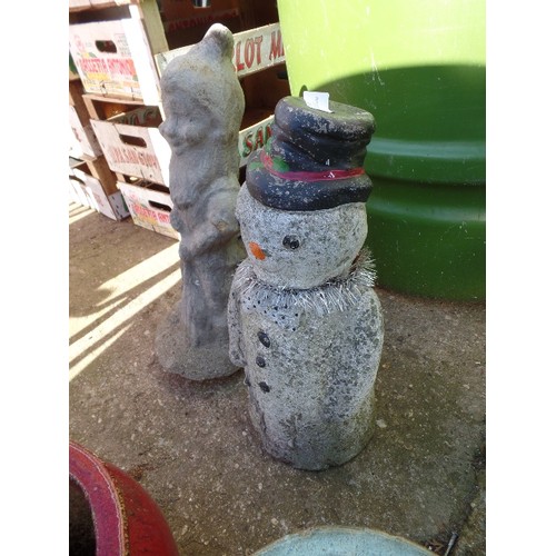 339 - CONCRETE GARDEN GNOME AND SNOWMAN ORNAMENTS. COMPLETE WITH TINSEL.