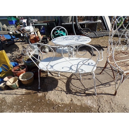 363 - WHITE PAINTED WROUGHT IRON BISTRO SET. COMPRSING CIRCULAR TABLE, 2 SINGLE SEATS AND A TWIN SEAT.