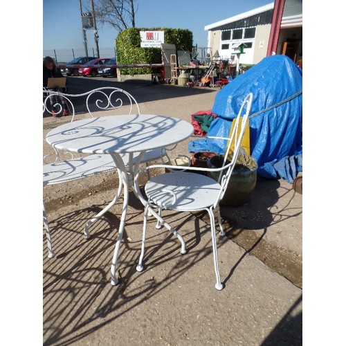 363 - WHITE PAINTED WROUGHT IRON BISTRO SET. COMPRSING CIRCULAR TABLE, 2 SINGLE SEATS AND A TWIN SEAT.