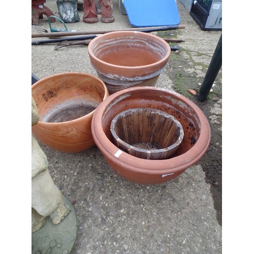 309 - LARGE TERRACOTTA TRADITIONAL SHAPED PLANT-POT 37CM DIAM, TOGETHER WITH ANOTHER TERRACOTTA POT, AND A... 