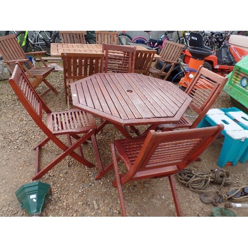 378 - OCTAGONAL TEAK GARDEN TABLE, WITH 4 FOLDING CHAIRS. APPEARS GOOD CONDITION.