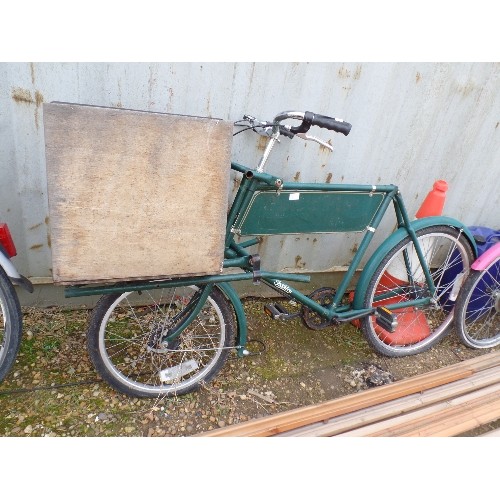 382 - VINTAGE PASHLEY DELIVERY/SHOP BIKE, DARK GREEN, WITH LARGE WOODEN BOX.