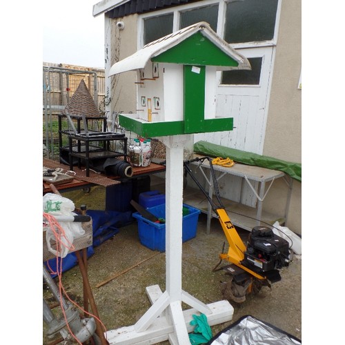 338 - LARGE HAND-MADE/HAND-PAINTED WOODEN BIRD HOUSE ON PEDESTAL BASE.