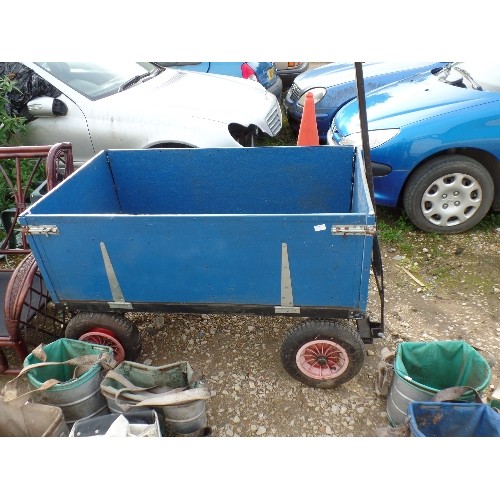 416 - LARGE BLUE HAND-PULL TROLLEY/CART. [BOX APPROX 133CML/77CMW/47CMD. STEERABLE. PNEUMATIC TYRES. STEEL... 