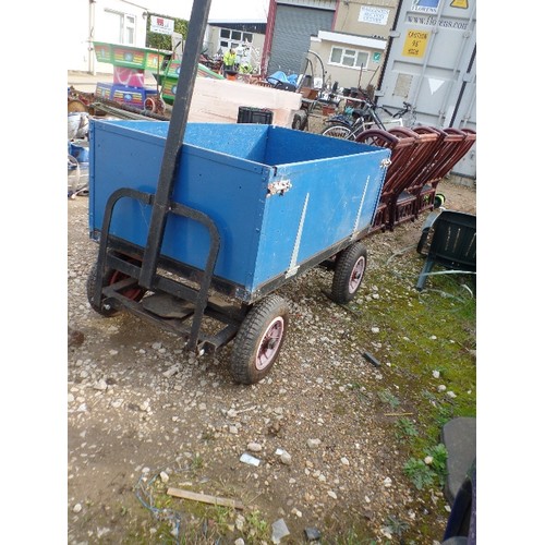 416 - LARGE BLUE HAND-PULL TROLLEY/CART. [BOX APPROX 133CML/77CMW/47CMD. STEERABLE. PNEUMATIC TYRES. STEEL... 