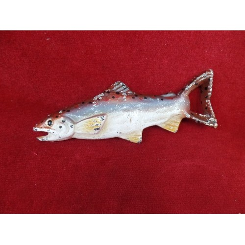 524 - A WADE WHITE HORSE WHISKY JUG, A WHITE HORSE (REPAIRED LEG) AND A METAL TROUT FISH BOTTLE OPENER