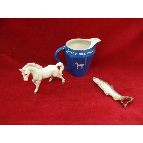 524 - A WADE WHITE HORSE WHISKY JUG, A WHITE HORSE (REPAIRED LEG) AND A METAL TROUT FISH BOTTLE OPENER