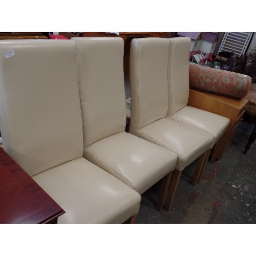 615 - SET OF 4 FAUX LEATHER DINING CHAIRS. CREAM. TALL BACKS.