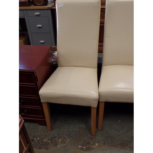 615 - SET OF 4 FAUX LEATHER DINING CHAIRS. CREAM. TALL BACKS.