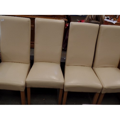 615 - SET OF 4 FAUX LEATHER DINING CHAIRS. CREAM. TALL BACKS.