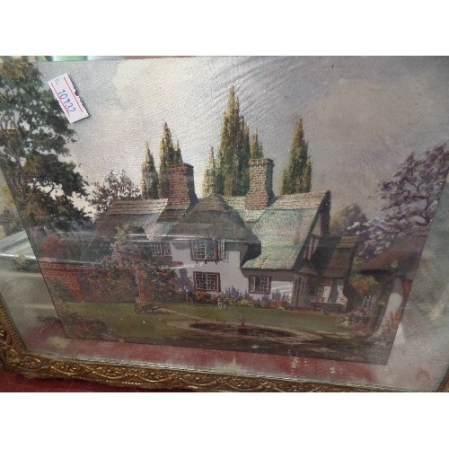 486 - BRASS COALBOX. WOOD-LINED. MIRRORED PICTURE FRONT OF A COTTAGE SCENE.