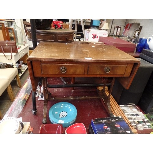 496 - MAHOGANY DROP-LEAF SOFA TABLE, 2 DRAWERS. BRASS CASTORS.