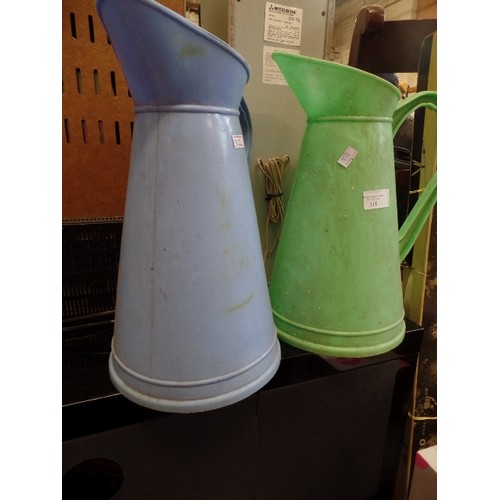 511 - 2 X PLASTIC FUEL JUGS, IN BLUE AND GREEN.