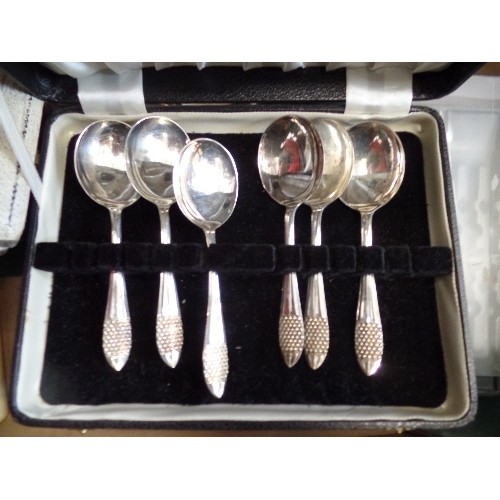 516 - BOX OF CUTLERY, CARVING SET, DESSERT SPOONS, KITCHENCRAFT SEAFOOD TOOL SET.