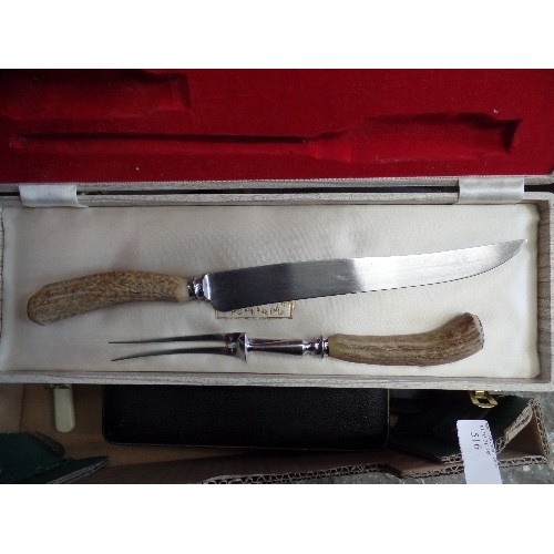 516 - BOX OF CUTLERY, CARVING SET, DESSERT SPOONS, KITCHENCRAFT SEAFOOD TOOL SET.