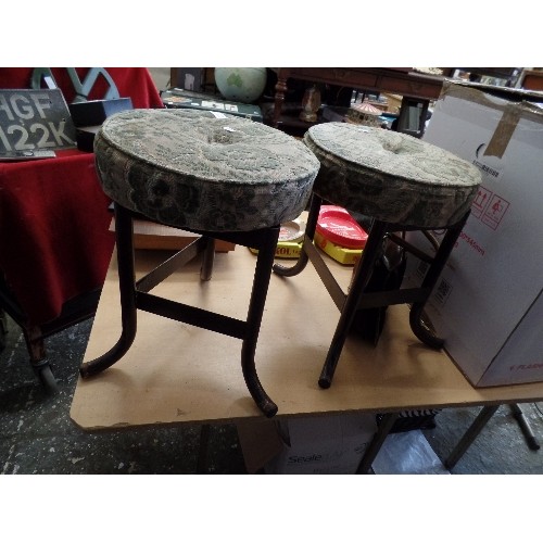 447 - PAIR OF METAL FRAMED STOOLS, WITH UPHOLSTERED SEATS.