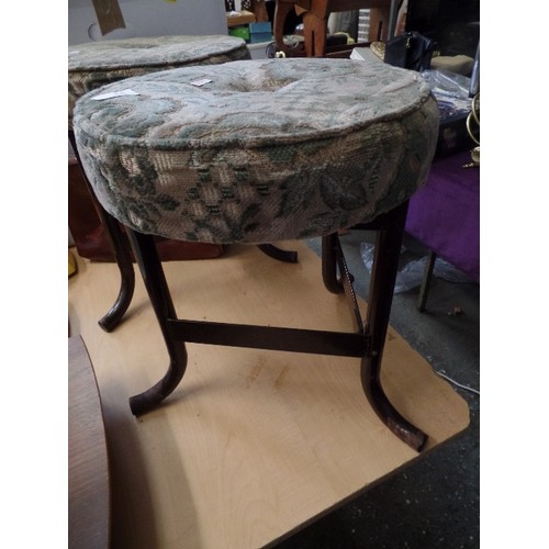 447 - PAIR OF METAL FRAMED STOOLS, WITH UPHOLSTERED SEATS.