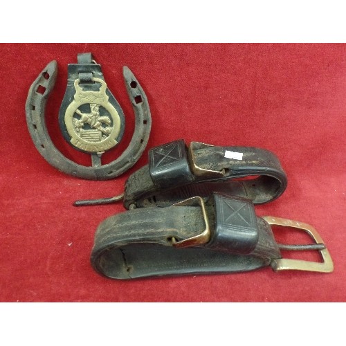 535 - TALLY-HO HORSE BRASS, ON LARGE HORSE SHOE, ALSO HEAVY LEATHER AND BRASS TACK ITEMS.