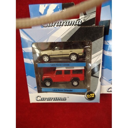 533 - 5 X BOXED CARARAMA RANGE ROVER AND LANDROVER DEFENDER.