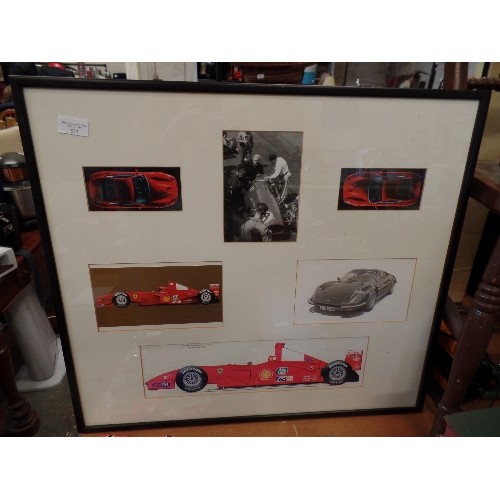 523 - FRAMED/GLAZED FERRARI THEMED PHOTOGRAPHS AND IMAGES.