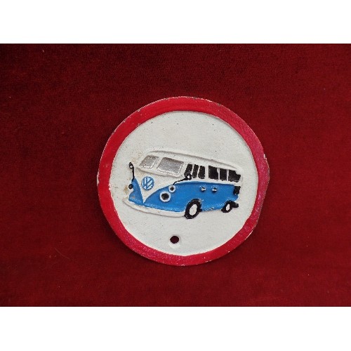 548 - TIN-PLATE PAINTED VW CAMPER VAN BADGE.