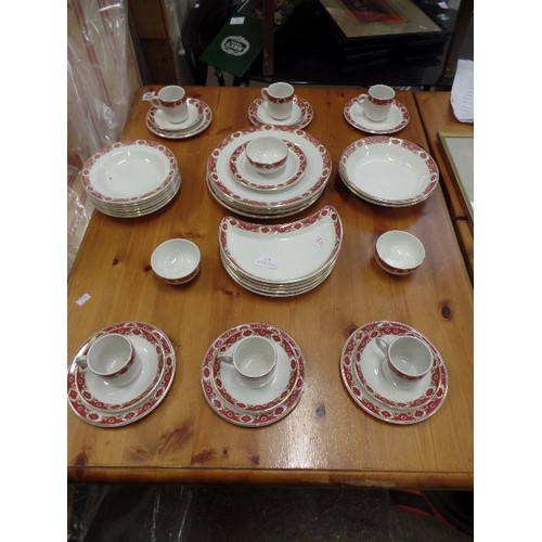 672 - MADDOCK ROYAL VITREOUS TEA AND DINNER SET, FOR 6 PEOPLE, WITH PINK FLORAL DECORATION.