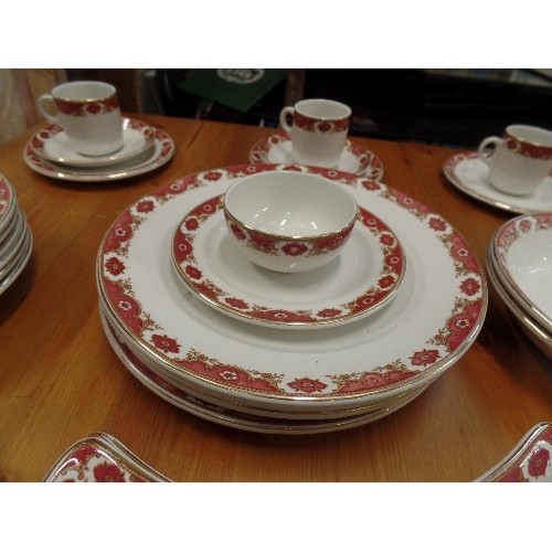 672 - MADDOCK ROYAL VITREOUS TEA AND DINNER SET, FOR 6 PEOPLE, WITH PINK FLORAL DECORATION.