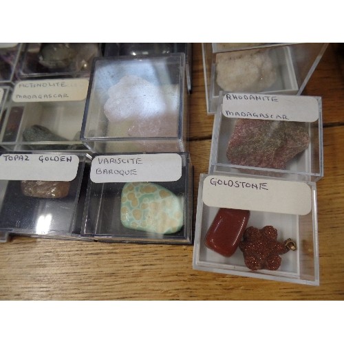 686 - COLLECTION OF BOXED GEMSTONES. INC TIGER-EYE, AMETHYST CRYSTAL, IRON PYRITE, STALACTITE ETC