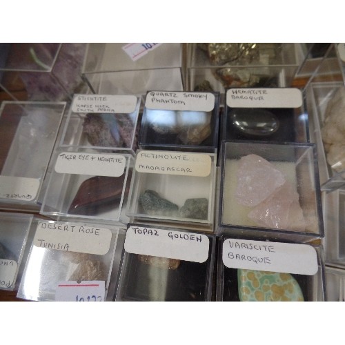 686 - COLLECTION OF BOXED GEMSTONES. INC TIGER-EYE, AMETHYST CRYSTAL, IRON PYRITE, STALACTITE ETC