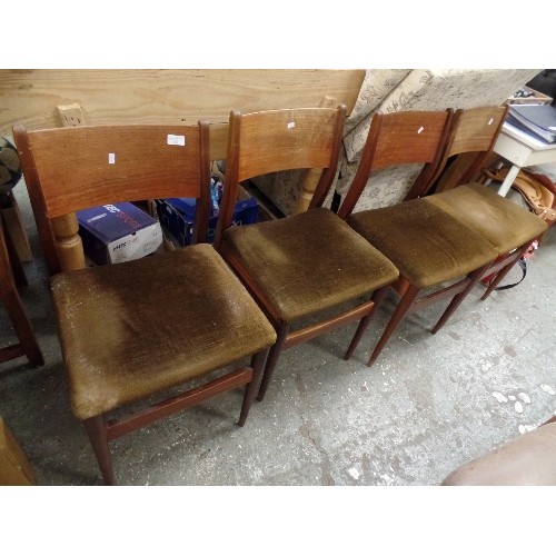 690 - SET OF 4 RETRO TEAK G-PLAN STYLE DINING CHAIRS WITH BROWN DRALON SEATS.