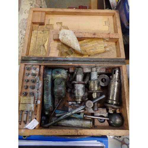 692 - ENGINEERING BOX OF COUNTERBORE TOOLS, CUTTER AND PILOTS. CONTAINED IN WOODEN BOX.