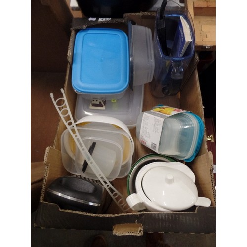 721 - BOX OF KITCHEN WARES. TUPPERWARE TUBS AND LIDS, ONION CHOPPER, BRITA WATER FILTER ETC.