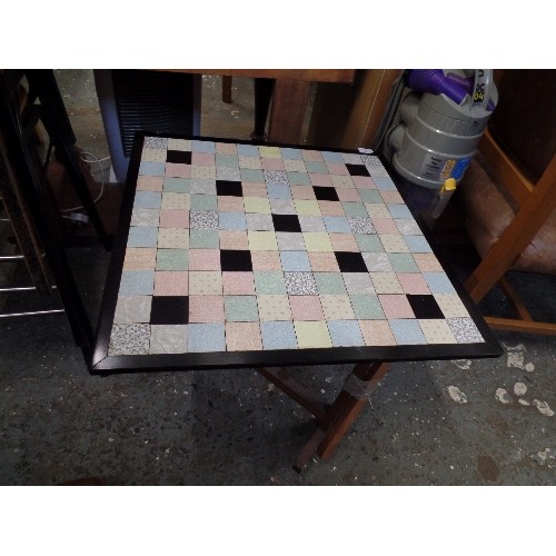 663 - WOODEN FRAMED GAMES TABLE, WITH CHECKERBOARD TOP.