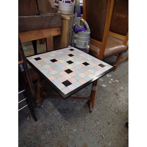 663 - WOODEN FRAMED GAMES TABLE, WITH CHECKERBOARD TOP.