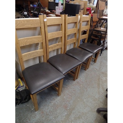 659 - 4 X STURDY LADDER BACK CHAIRS, BEECH WITH DARK BROWN FAUX LEATHER SEATS.