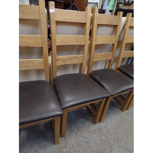 659 - 4 X STURDY LADDER BACK CHAIRS, BEECH WITH DARK BROWN FAUX LEATHER SEATS.