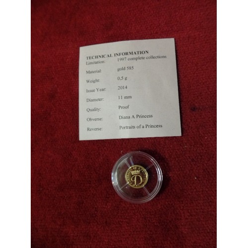 10 - 14CT GOLD DIANA A PRINCESS PROOF COIN 11MM DIA 0.5G