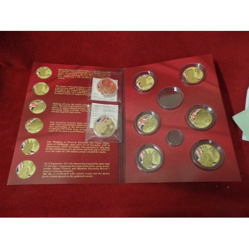 18 - SET 0F 3 QUEEN ELIZABETH II GOLD PLATED WITH PAD PRINT AND SWAROVSKI PROOF COINS LONGEST REIGNING MO... 