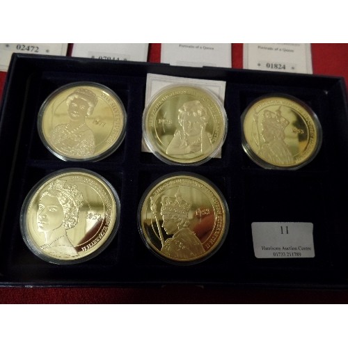 11 - SET OF 5 GOLD PLATED PORTRAITS OF THE QUEEN COIN COLLECTION WITH GENUINE GEMSTONE