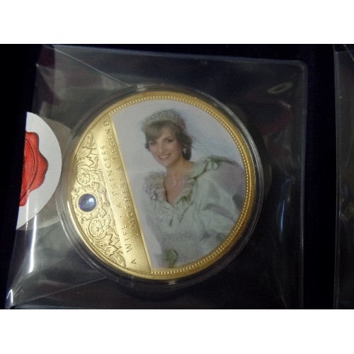 17 - 2 GOLD PLATED WITH COLOUR AND SWAROVSKI PROOF COINS 70MM DIA PORTRAITS OF A PRINCESS