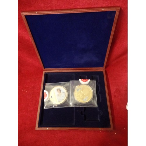 17 - 2 GOLD PLATED WITH COLOUR AND SWAROVSKI PROOF COINS 70MM DIA PORTRAITS OF A PRINCESS