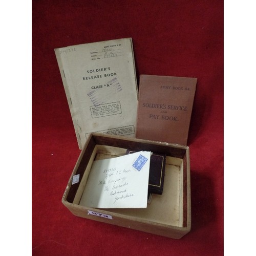 50 - DEFENCE MEDAL IN ORIGINAL BOX AND PAPERWORK FOR F.L MOSS AND A SOLDIERS RELEASE BOOK AND SOLDIERS SE... 