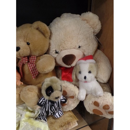 295 - SHELF OF CUDDLY TOYS - TEDDY BEARS, RABBIT, MEERKAT, AND A VINTAGE DOLL